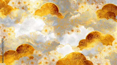 金彩の煌めきが際立つ和のデザイン背景｜洗練された構図と繊細な描写が美しい日本的イラスト素材｜伝統、装飾、和風、背景、雅、金色、壁紙、高級感、テクスチャ、屏風