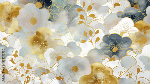 金彩の煌めきが際立つ和のデザイン背景｜洗練された構図と繊細な描写が美しい日本的イラスト素材｜伝統、装飾、和風、背景、雅、金色、壁紙、高級感、テクスチャ、屏風