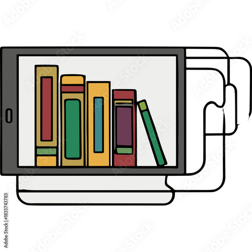 Digital Library Displayed On A Tablet Screen Showing A Stack Of Colorful Books On A Shelf Against A Light Background With A Stylized Outline Of A Bookcase Behind The Tablet