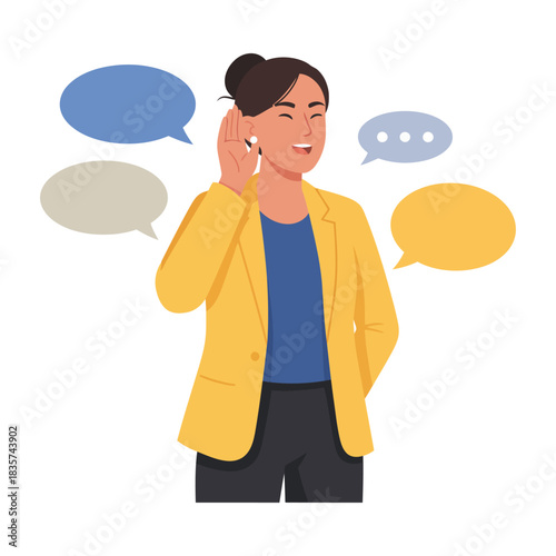 Smiling woman in yellow jacket listens intently to surrounding conversations with speech bubbles floating around her, showcasing communication and understanding.