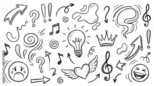 Creative collection of hand-drawn doodle elements including arrows, symbols, emotions, music notes, and sketch icons for artistic design, decoration, and expressive visual concepts- vector