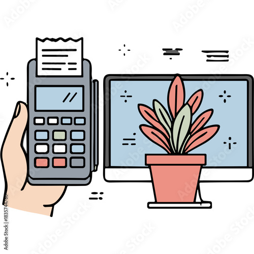 Hand Holding Credit Card Machine Next to Computer Monitor and Potted Plant Digital Payment Transaction Concept