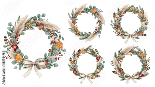 Watercolor Christmas Wreath Set with Eucalyptus, Pampas Grass, Dried Oranges, Feathers and Holiday Botanical Elements