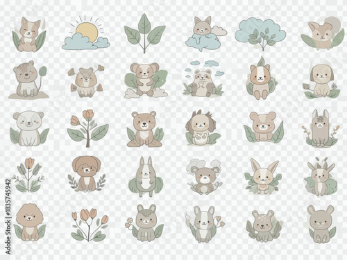 Cute pastel cartoon animals and nature elements collection for children's design.