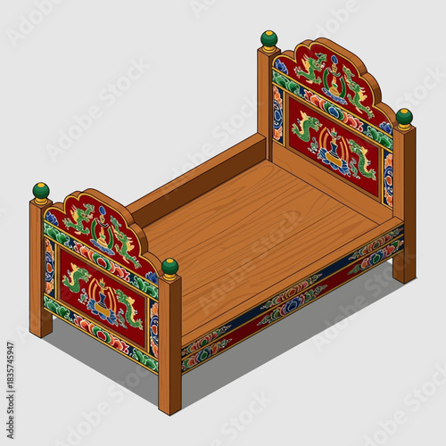 A Bhutanese Inspired Bed with Intricate Dragon and Lotus Flower Designs