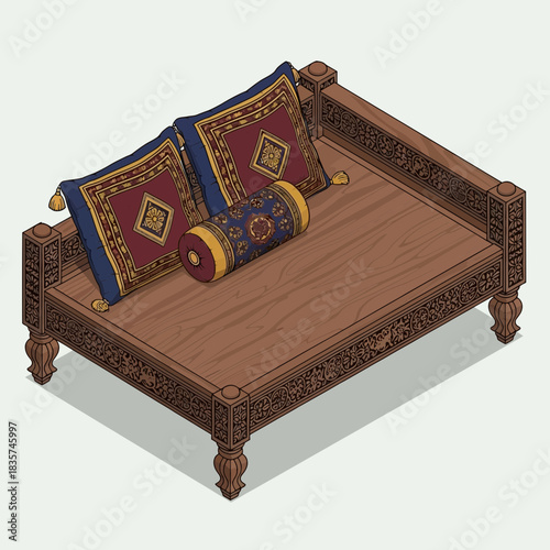 Detailed isometric illustration of a wooden divan with decorative pillows