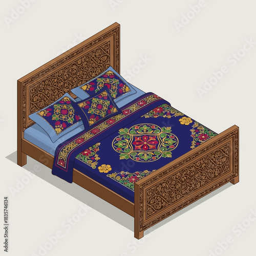 Illustration of ornately carved wooden bed with colorful floral bedding design