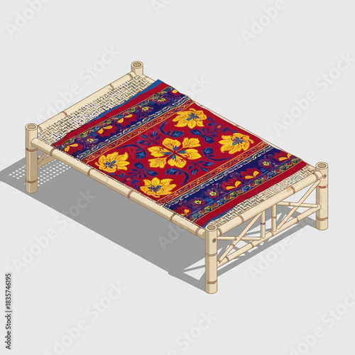 Isometric illustration of a bamboo bed adorned with vibrant floral textile