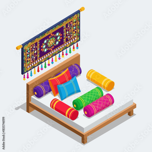 Isometric Illustration of a Bed with Bolster Cushions and Tapestry Decoration