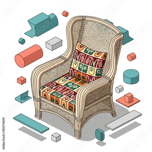 Isometric rattan chair with patterned cushion and geometric block design