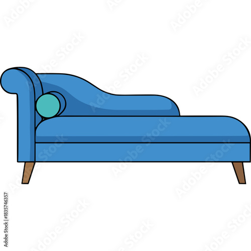 Elegant Blue Chaise Lounge with Teal Pillow and Wooden Legs Isolated on Black Background Simple Flat Design