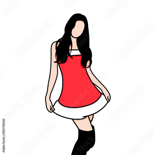 Vector illustration of a Korean K-pop idol. A beautiful female K-pop idol is posing while celebrating Christmas while wearing a bright red Christmas dress.