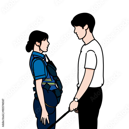 Vector illustration of a man and a policewoman facing each other. The painting was inspired by a scene from a popular Korean drama.