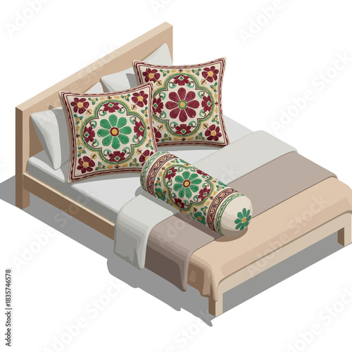 Stylized Isometric Bed with Patterned Pillows Offering Comfortable Retreat