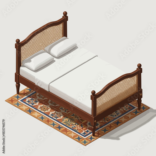 Stylized Isometric Illustration of a Bed with Decorative Rug Below it