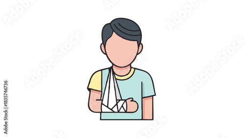 Child with bandaged arm in casual clothing illustrating concept of Medicine  