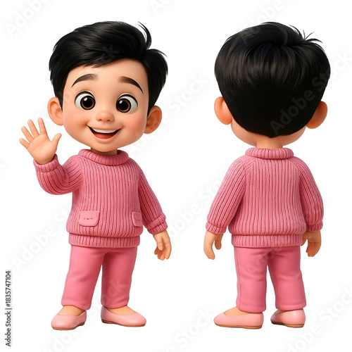 Boy Wearing Pink Jacket and Pants and Waving is Seen in The Front and Back View