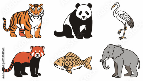 Diverse global fauna featuring tiger, panda, red panda, crane, elephant and fish collection