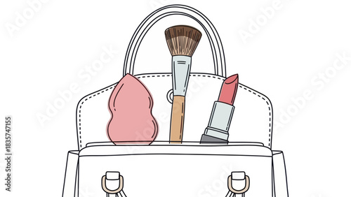 Illustrative handbag brimming with essential beauty implements for makeup application and personal