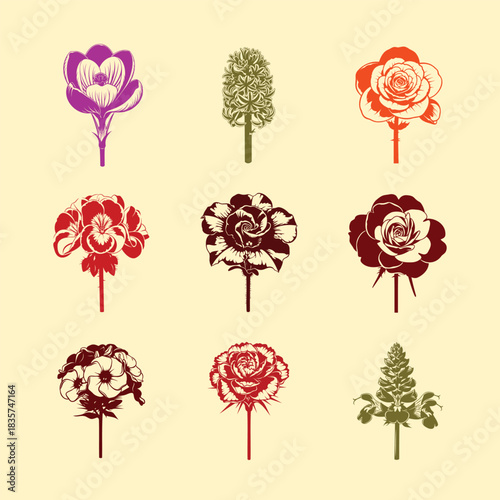 Collection of nine stylized floral illustrations in various colors and designs