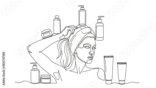 Abstract line art of a woman surrounded by skincare products showcasing beauty routines