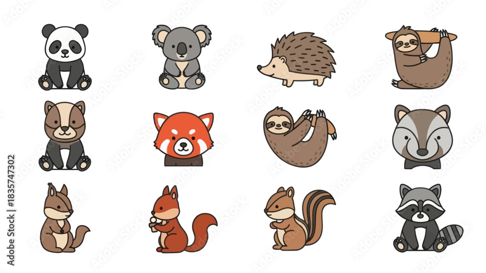 Naklejka premium Adorable cartoon animals vector illustration featuring panda koala sloth hedgehog raccoon and