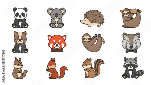 Adorable cartoon animals vector illustration featuring panda koala sloth hedgehog raccoon and