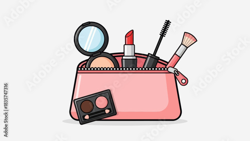 Stylized cosmetic bag filled with diverse makeup essentials illustration with outlined details