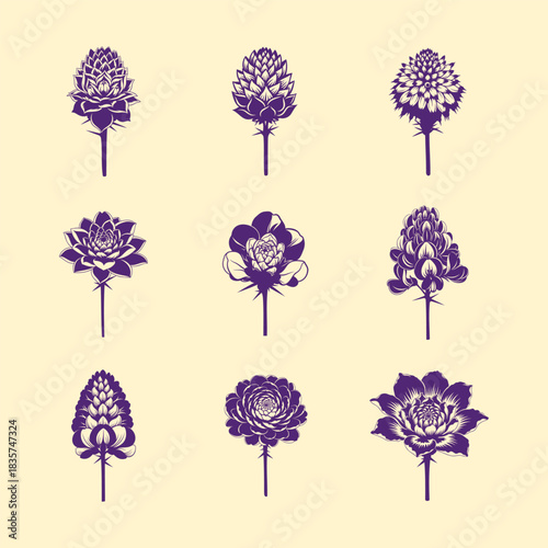 Nine purple flower illustrations on a cream colored background
