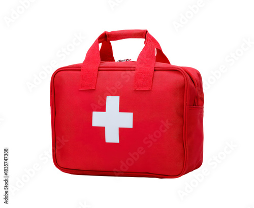 Emergency kit ready, Portable medical supplies kit, Compact first aid package with essential tools on transparent background