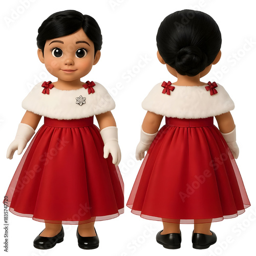Princess with Black Hair in Bun and Wearing Red Dress with White Fur Collar and Adorned with Red Bows and White Gloves and Black Shoes