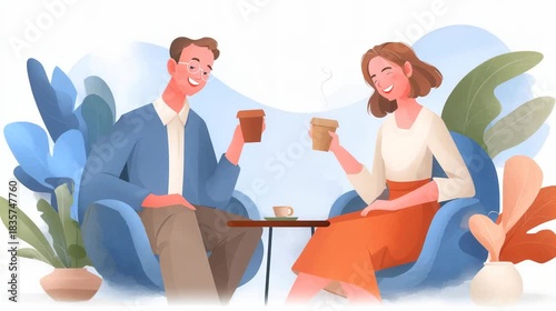 A cheerful couple sitting in chairs, enjoying coffee together with a warm and vibrant background.