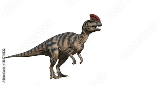 Dilophosaurus standing on a white backdrop showing its distinctive head crest detailed stripes