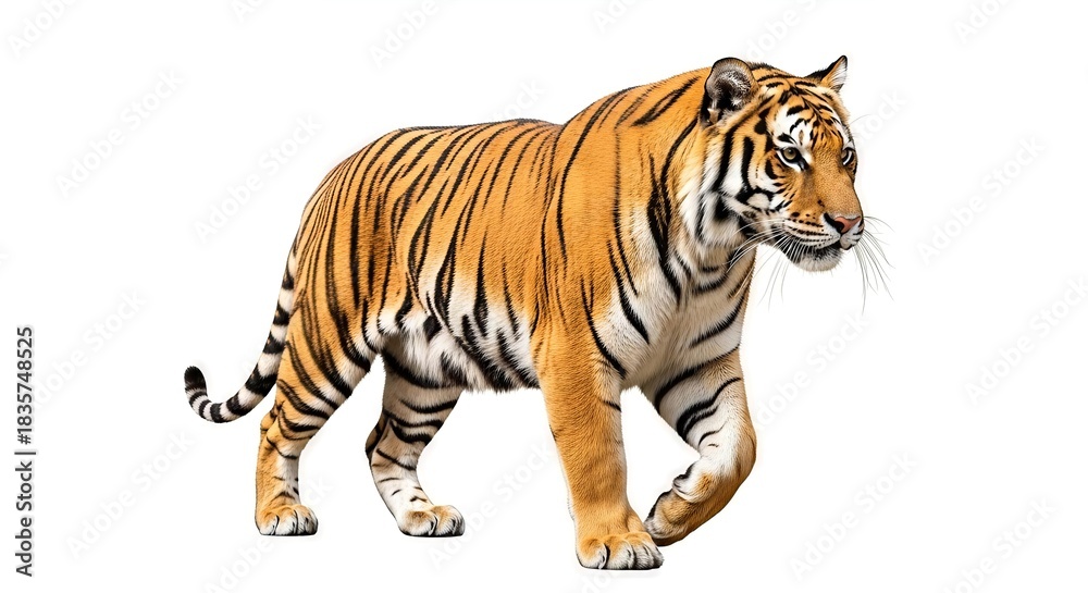 Naklejka premium Majestic Bengal tiger gracefully sauntering across a pure white backdrop with powerful allure