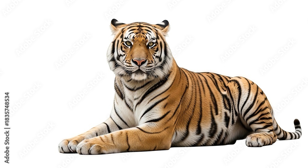 Obraz premium A regal tiger lies serenely against a stark white canvas portraying a fierce grace and mesmerizing