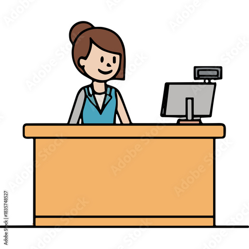 Illustration of a smiling woman behind a reception desk with a computer and monitor on a black background.
