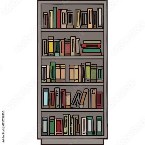 Illustration of a tall gray bookshelf filled with colorful books and binders against a plain black background with no discernible lighting or shadows