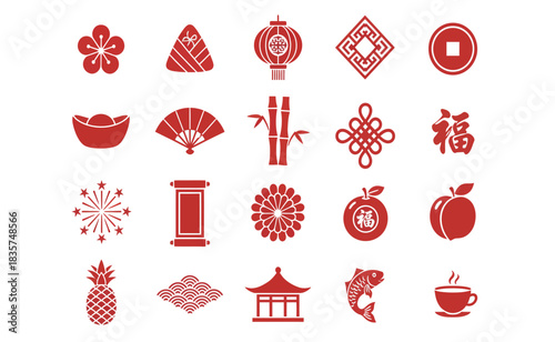 Collection of traditional chinese new year symbols arranged on white surface representing cultural celebration and festive spirit.