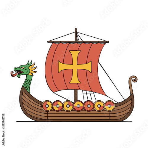 Viking ship with dragon head prow and red sail featuring cross design  