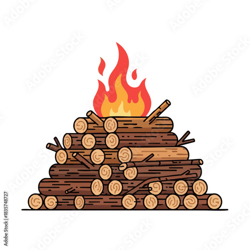 Firewood pile ready for bonfire with flames on top for Up Helly Aa  