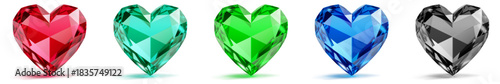 Five heart-shaped gems in different bright colors, with subtle shadows and reflections, on a white background.