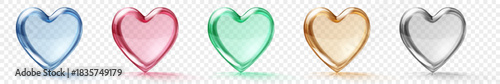 Colorful translucent hearts in blue, red, green, gold, and silver, with shiny surfaces and subtle shadows, on a transparent background. Transparency only in vector format.