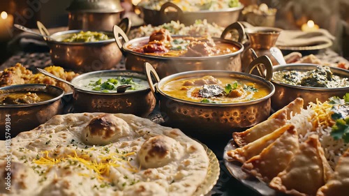 A succulent arrangement of Indian dishes, including diverse types of curries, naan bread, and street food favorites, perfectly capturing the concept of cultural fusion and global connectivity in.