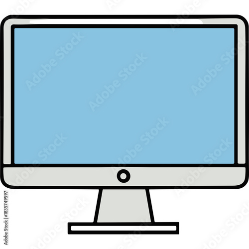Flat Design Computer Monitor With A Light Blue Screen On A Black Background With A Simple Stand And Minimalist Style
