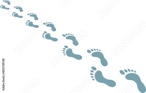 Blue footprints illustration, walking path, human steps, journey symbol, movement concept, diagonal layout, minimal design, progress theme, lifestyle vector