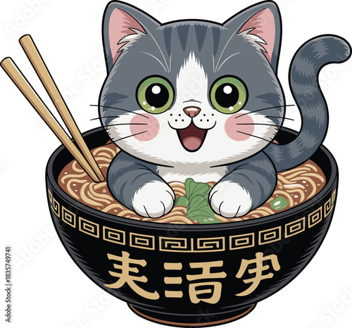 Cartoon cat in ramen bowl, cute food art, Asian cuisine, kawaii character, noodle soup, decorative dish, playful illustration, vector design