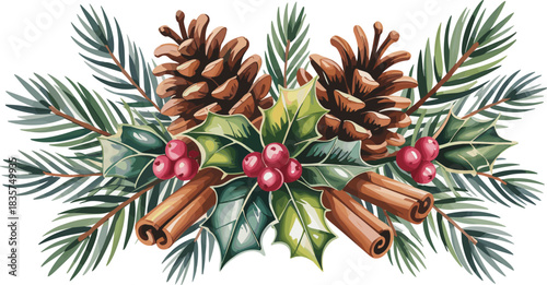 Christmas pinecone arrangement, holly berries, cinnamon sticks, festive foliage, seasonal decor, winter greenery, holiday centerpiece, natural ornament, botanical illustration