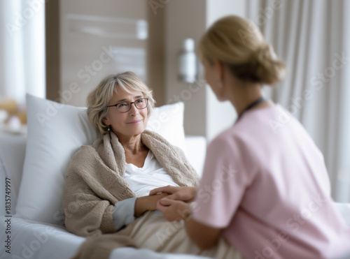 Nurse Comforting Elderly Female Patient Lying in Hospital Bed.