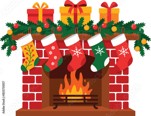 Christmas fireplace scene, festive stockings, holiday garland, burning fire, wrapped gifts, seasonal decor, cozy ambiance, winter celebration, traditional home decoration
