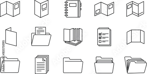 Document and Folder Line Icons Set, Paperwork, Files, Checklists, Notebooks, and Organizational Outline Vector Collection
